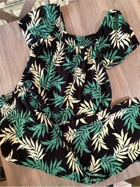 Tropical Leaf Off-Shoulder Jumpsuit - Black, Green & Cream by JoySpun.